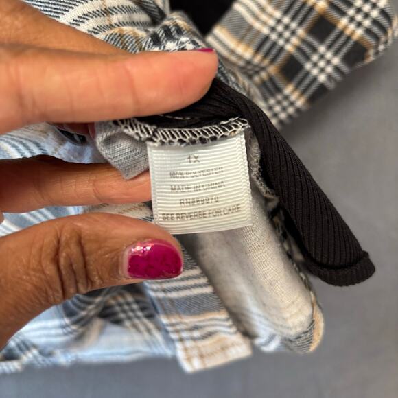 Plaid Flannel Button Up Shirt Beige Black Check 1X Plus Size Preppy Skate Casual - Picture 3 of 12